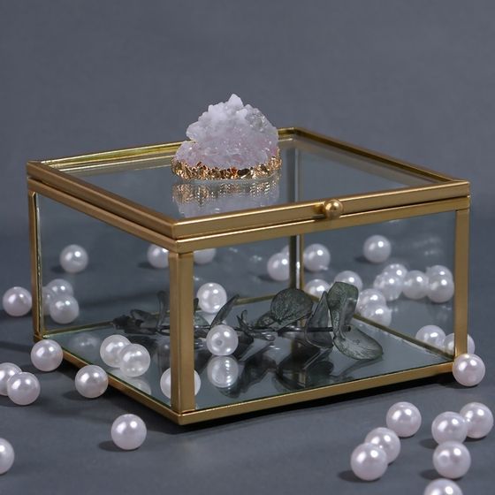 Органайзер для хранения «MOUNTAINS», с крышкой, стеклянный, с зеркальным дном, 1 секция, 10 × 10 × 6 см, цвет прозрачный/медный