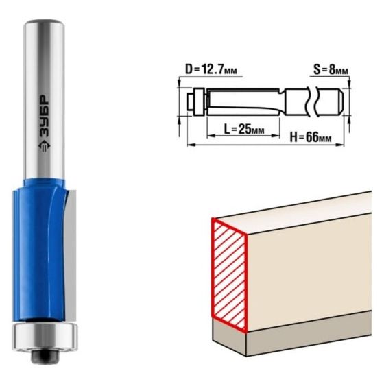 Фреза кромочная ЗУБР 28727-12.7-25, с нижним подшипником, хвостовик d = 8 мм, 12.7 x 25 мм