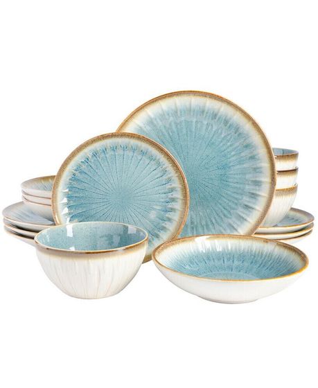 Elite Mayfair Bay Double Bowl Embossed Reactive, 16 Piece Dinnerware Set, Service for 4