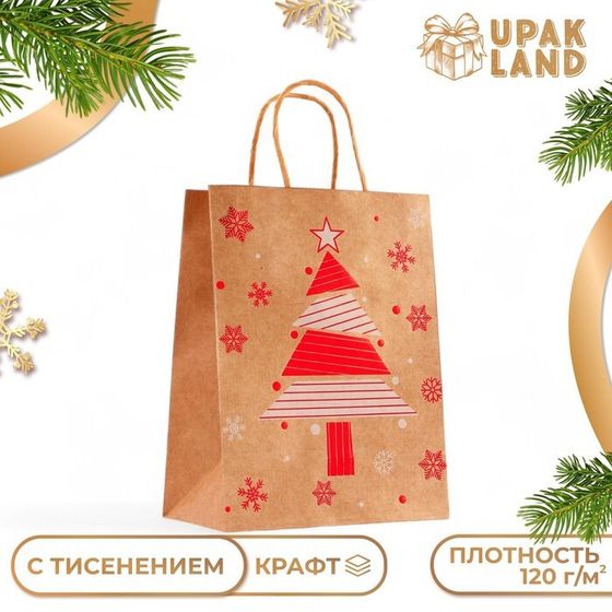 Пакет крафт с  тиснением, &quot;Ёлка&quot; круглая ручка,  21 х 27 х 11 см, 120 г