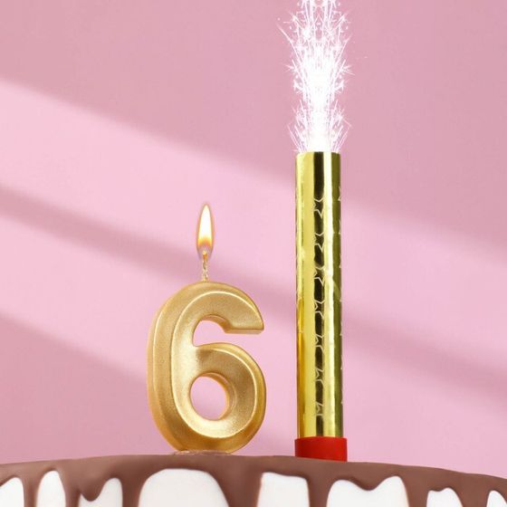 Свеча для торта цифра &quot;Грань + фонтан&quot; золотая &quot;6&quot;