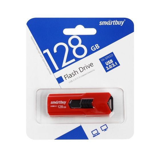 Флешка SmartBuy 128GB STREAM, 128 Гб, USB3.0, чт до 75 Мб/с, зап до 25 Мб/с, красная