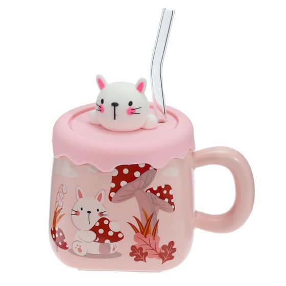 Кружка с крышкой и трубочкой, 400 мл, L13 W9,5 H12 см,дизайн микс