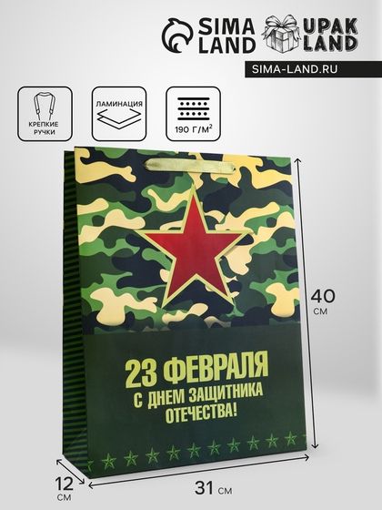 Пакет подарочный вертикальный «С Днём защитника Отечества! », L 31 × 40 × 12 см