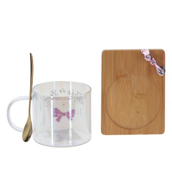 Кружка с ложкой на деревянной подставке, 290 мл, L12,5 W9 H8 см, дизайн микс