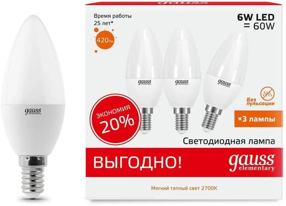 Лампочка светодиодная Gauss Elementary 33116T 6Вт цок.:E14 свеча 180B 3000K св.свеч.бел.теп. (упак.:3шт)