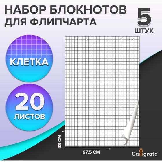 Набор блокнотов 5 штук для флипчарта, 67,5 х 98 см, 20 листов в клетку, 92%, 80 г/м2, Calligrata