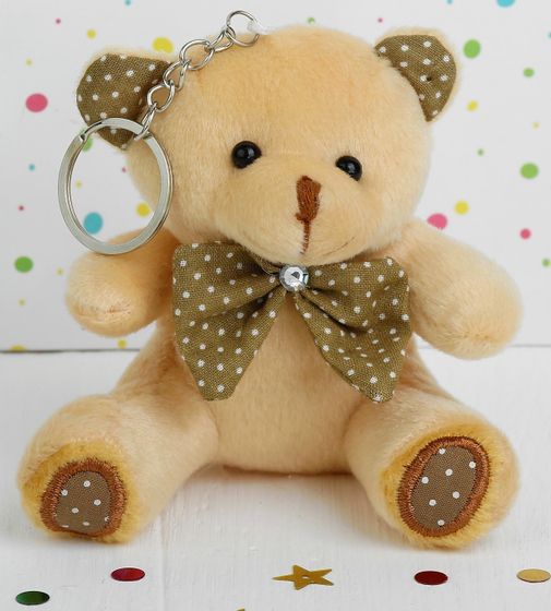!09 Плюшевый игрушка-брелок «Мишка», бант в горошек, 10 см. цвет светлый беж