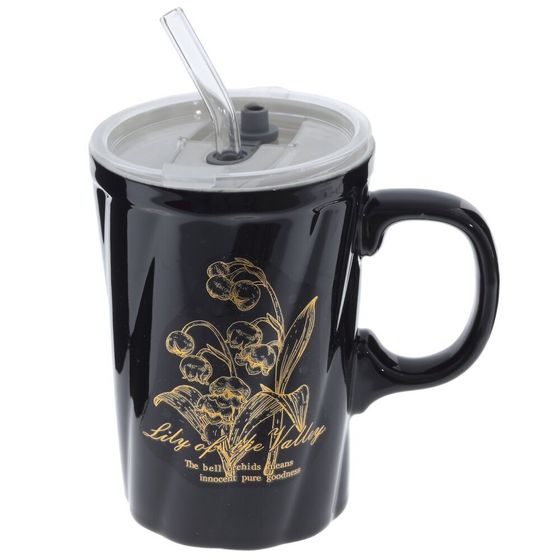 Кружка с крышкой и трубочкой, 380 мл, L12 W8,5 H16 см, 4в.