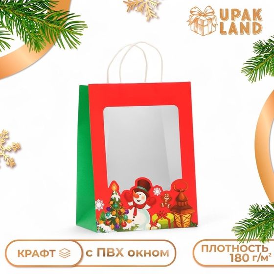 Пакет подарочный новогодний с окном &quot;Снеговик&quot;30 х 22 х 14 см.