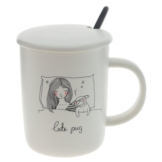 Кружка с крышкой и ложкой, 350 мл, L11,5 W8 H11 см,дизайн микс