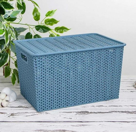 Корзинка Вязь 14л с крышкой капучино/голубая