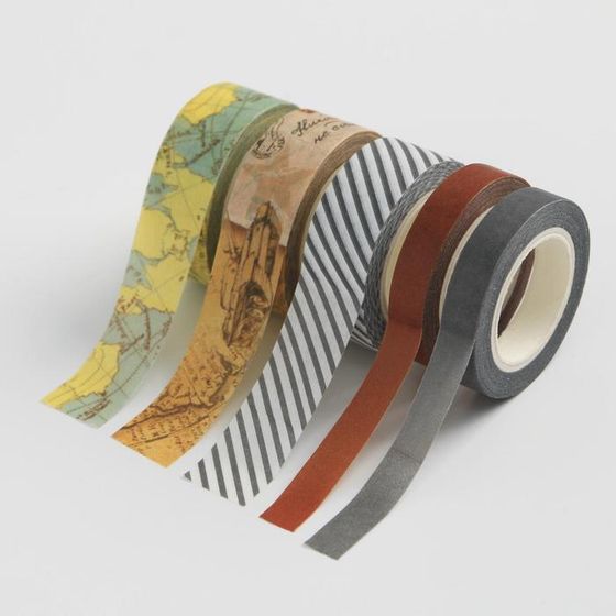 !09 Набор лент для декора и упаковки подарков; Набор клейких лент &quot;Man&quot; 5 шт. + Лента атласная, 2 см.*45 м., цвет хаки