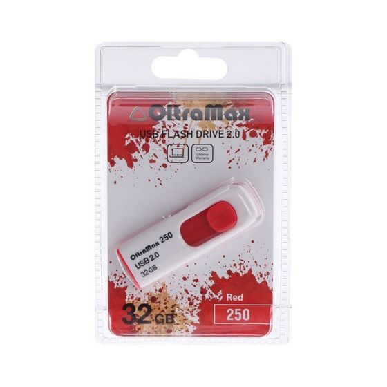 Флешка OltraMax 250, 32 Гб, USB2.0, чт до 15 Мб/с, зап до 8 Мб/с, красная