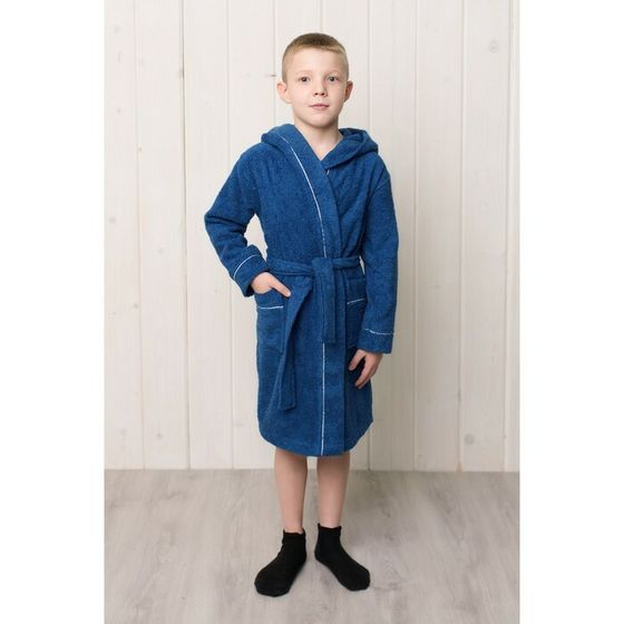Халат для мальчика с капюшоном, рост 128 см, синий, махра
