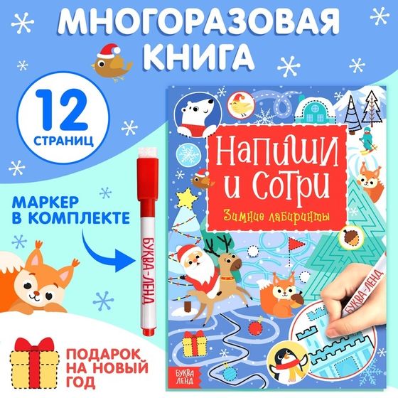 Многоразовая книга с маркером «Напиши и сотри. Зимние лабиринты», 12 стр.