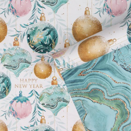 !09 Упаковочная бумага 3 листа на новый год глянцевая двухсторонняя «Ёлочные шары», 70 х 100 см