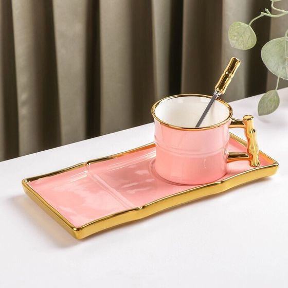 #Чайная пара с ложкой «Сладкая вата», 200 мл, блюдце 24?11 см, цвет розовый