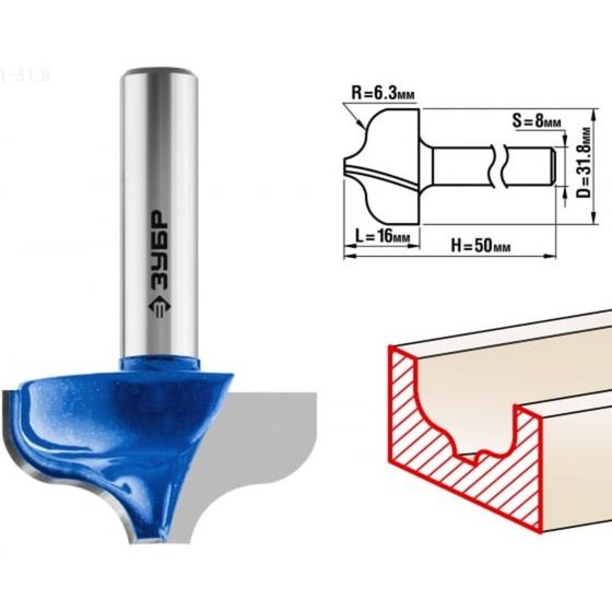 Фреза пазовая ЗУБР 28741-31.8, фасонная №2, R = 6.3 мм, 31.8 x 16 мм
