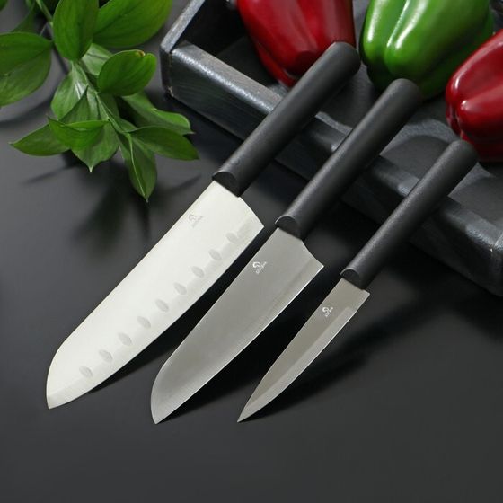 Набор кухонных ножей Доляна Fоlk, набор 3 шт, лезвие: 10 см, 13,5 см, 17 см, цвет чёрный