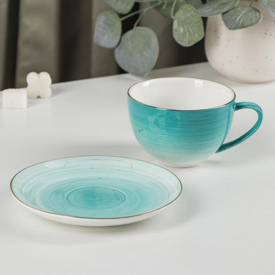 !09 Чайная пара фарфоровая «Млечный путь», 2 предмета: чашка 220 мл, блюдце d=13,5 см, цвет бирюзовый