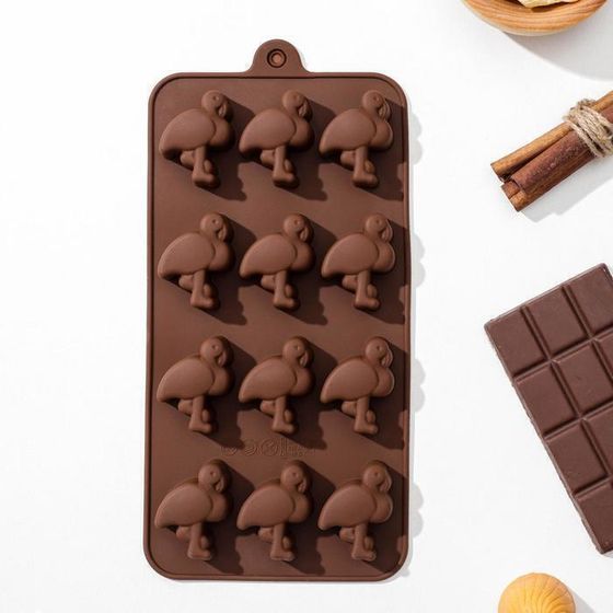 !09 Форма силиконовая для льда и кондитерских украшений «Фламинго», 20×10,5 см, 12 ячеек (3,5×2,6×1,5 см), цвет шоколадный