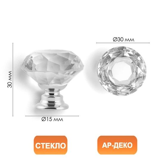 Ручка-кнопка CAPPIO &quot;Алмаз&quot;, стеклянная, d=30 мм, 8 шт.