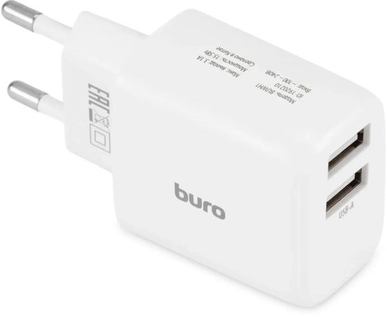 Сетевое З/У Buro BUWH1 2xUSB 15.5Вт 5В 3.1A белый  (BUWH15S200WH)