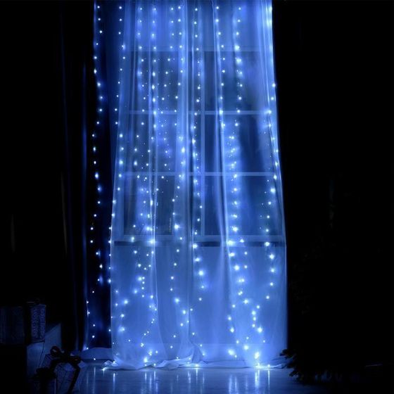 !09 Гирлянда «Занавес» 2.8 x 3 м роса на крючках, с пультом, IP20, серебристая нить, 300 LED, свечение белое, 8 режимов, USB