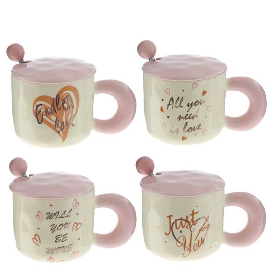 Кружка с крышкой и ложкой, L9,4 W9,4 H8,5 см, 1 штука, дизайн микс