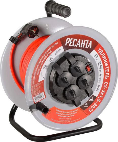 Удлинитель силовой Ресанта СУ-3х1,5-30/3 3x1.5кв.мм 4 роз. 30м металл (61/118/7)