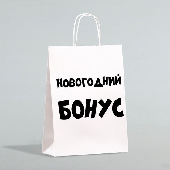 Пакет бумажный подарочный новогодний крафт «Новогодний бонус», белый, 28 х 24 х 14 см.