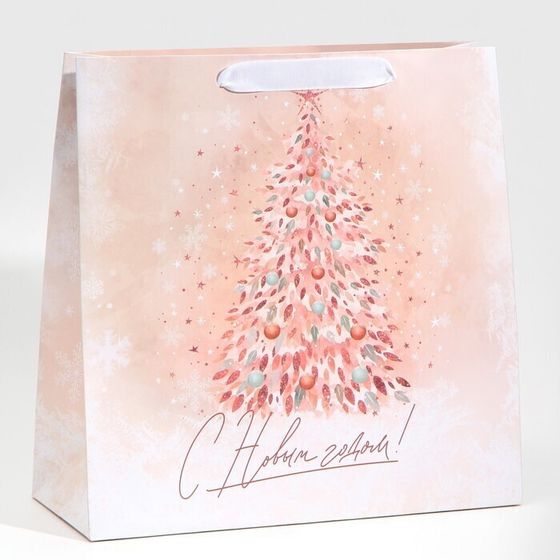 !09 Пакет (набор 3 штуки) подарочный новогодний ламинированный квадратный «Pink», 30 х 30 х 12 см.