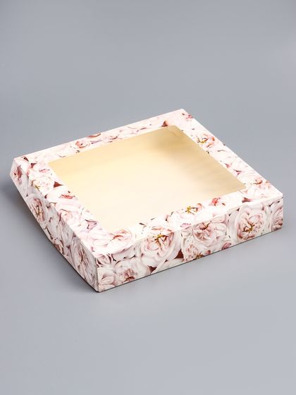 Коробка складная с окном &quot;Пионы&quot;, 20 х 20 х 4 см