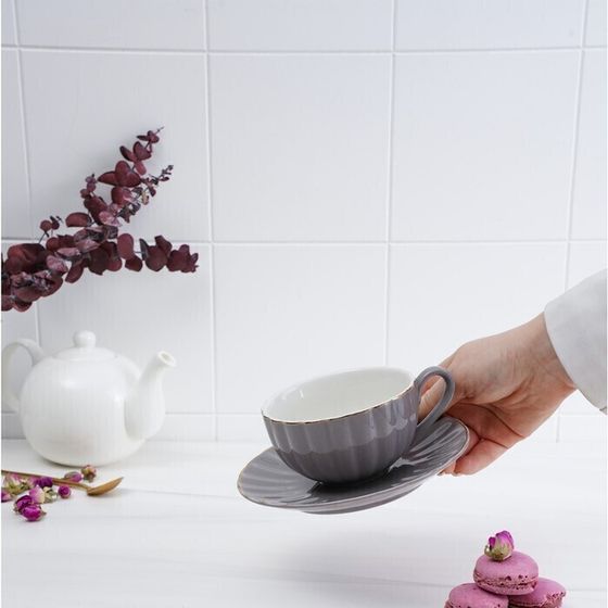 !09 Чайная пара фарфоровая «Вивьен»: чашка 200 мл, блюдце d=15 см, цвет серый