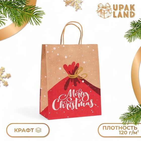 Пакет бумажный подарочный новогодний крафт &quot;Merry Cristmas&quot;, 27 х 21 х 11 см.