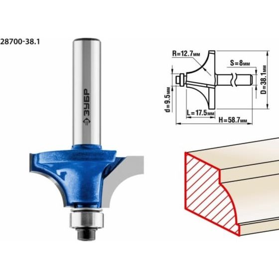 Фреза кромочная ЗУБР 28700-38.1, калевочная №1, R = 12.7 мм, 31.8 x 17 мм