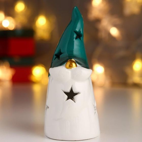 Сувенир керамика свет &quot;Дедушка Мороз, зелёный колпак, золотой нос, звёзды&quot; 12,5х5,5х5,5 см