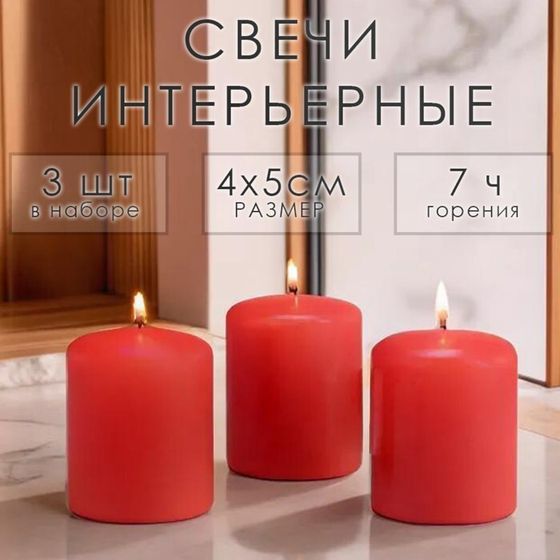 Свеча цилиндр, 4х5 см, набор 3 шт, красная