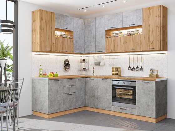 Кухонный гарнитур Флэт-02 Wotan Oak 2S/Temple Stone 2S