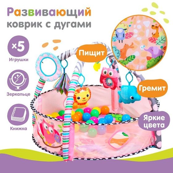 Развивающий коврик с дугами 2 в 1 «Совушка», 30 цветных шариков, подушка, 5 игрушек, книжка
