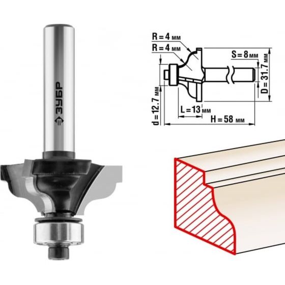 Фреза кромочная ЗУБР 28786-31.7, калевочная №3, R = 4 мм, 28.6 x 13 мм