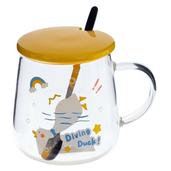 Кружка с крышкой и ложкой, 500 мл, L12 W9 H10 см, дизайн микс