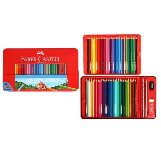 Карандаши 60 цвета Faber-Castell &quot;Замок&quot;, шестигранный корпус, 2 чернографитных карандаша , с ластиком и точилкой, в металлическом пенале