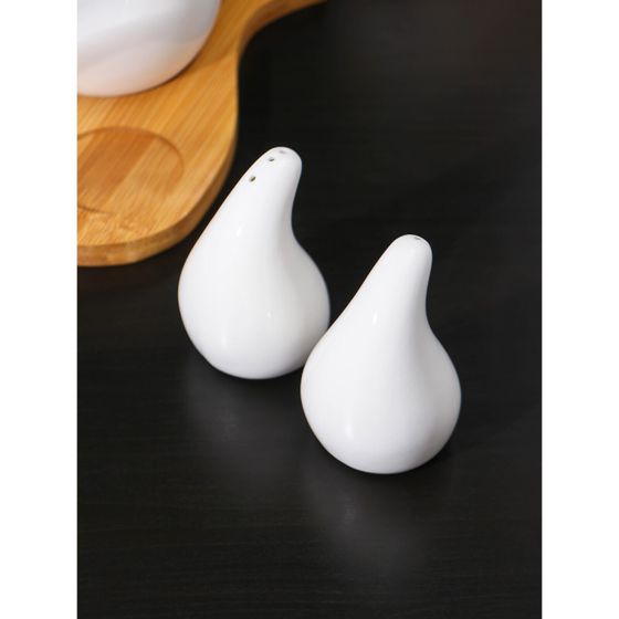 !09 Набор фарфоровый для специй на бамбуковой подставке BellaTenero «Капельки», 3 предмета: солонка 60 мл, перечница 60 мл, сахарница с ложкой 330 мл, цвет белый