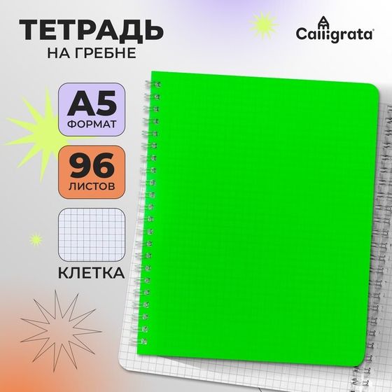 Тетрадь A5, 96 листов в клетку, на гребне, Calligrata, пластиковая обложка, блок офсет, зелёная