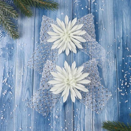 !09 Украшение ёлочное (набор 4 штуки) "Бантик с астрой" 11х9 см, цвет белый