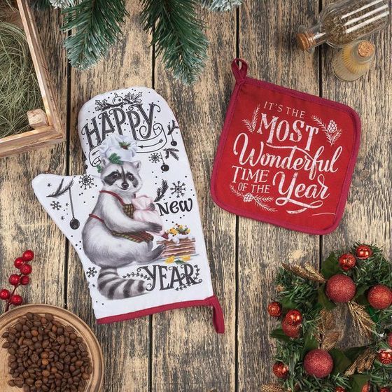 !09 Набор новогодний кухонный "Happy new year": варежка-прихватка 20х28 см, прихватка 17х17 см