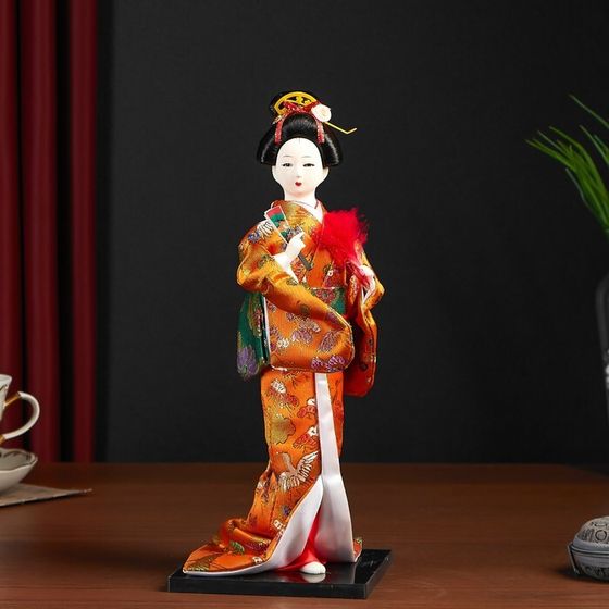 Кукла коллекционная &quot;Гейша в оранжевом кимоно с веером&quot; 22,5 см