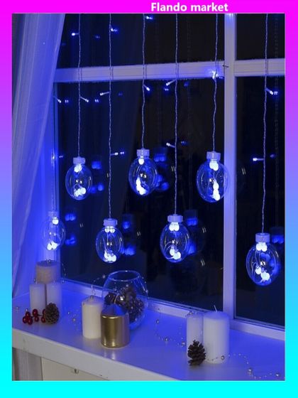 !09 Гирлянда «Бахрома» 2.4 x 0.7 м с насадками «Шарики», IP20, прозрачная нить, 108 LED, свечение синее, 8 режимов, 220 В